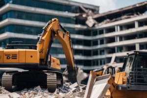 Grab Hire | Two excavators in front of a building that has been demolished.