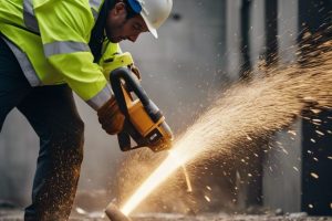 Grab Hire | A construction worker is using a grinder to make a hole in the ground.