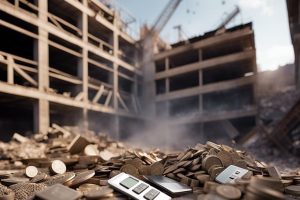 Grab Hire | A pile of coins and a cell phone in the middle of a construction site.