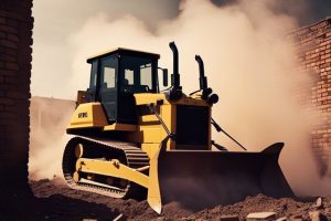 Grab Hire | A bulldozer is driving through a brick wall.