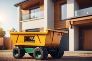 Grab Hire | A yellow wheelbarrow in front of a house.